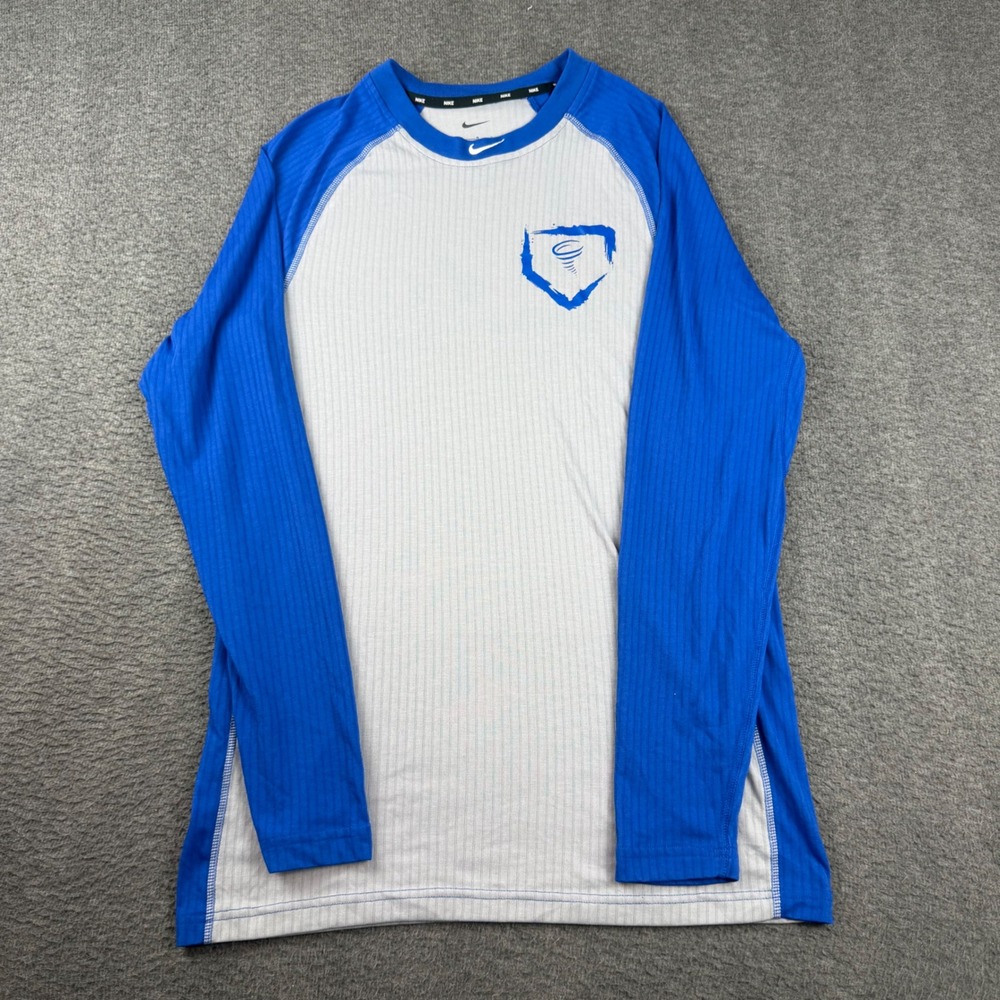 Nike Baseball Shirt Men's Large Blue Grey Dri-FIT Raglan Long Sleeve Graphic
